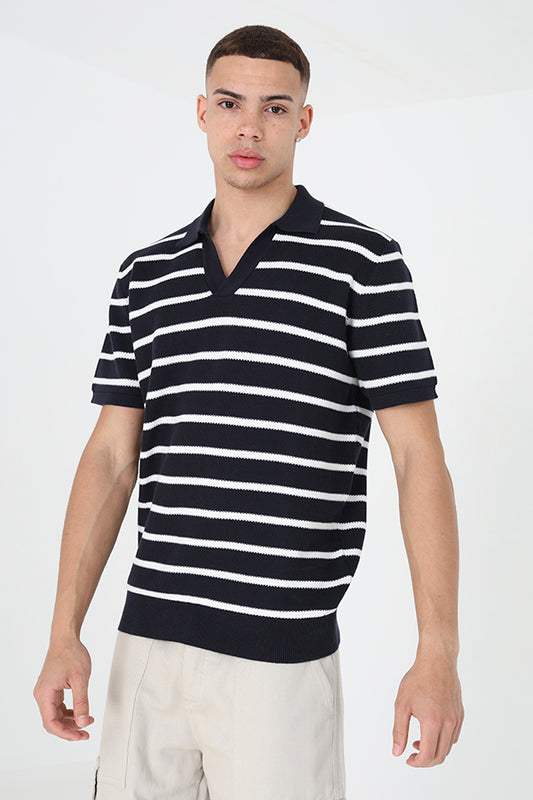 Open Collar Striped Jaquard Polo