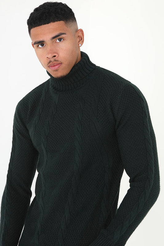 High Roll Neck Basket Weave Cable Knit Jumper