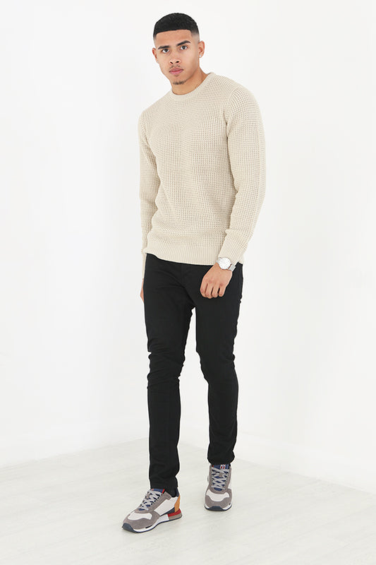 Plain Colour Crew Neck Rib Detail Knit Jumper