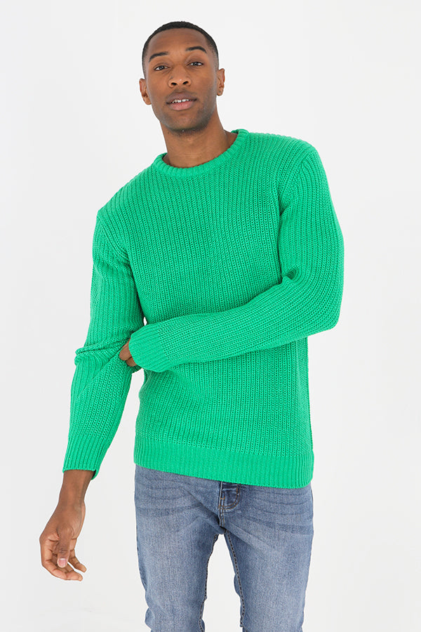 Green Tubular Rib Detail Crew Neck Knit Jumper