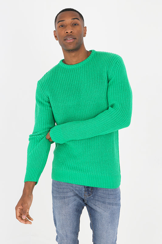 Green Tubular Rib Detail Crew Neck Knit Jumper