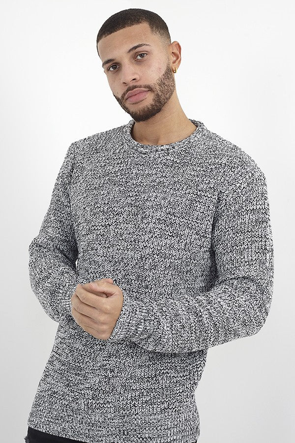 Jet Black/White Twist Cardigan Stitch Crew Neck Jumper