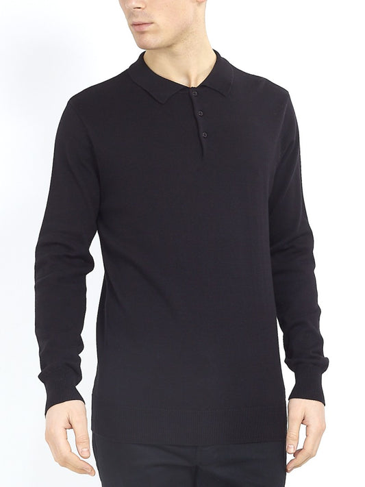 Plain Black Long Sleeve Knitted Polo Shirt