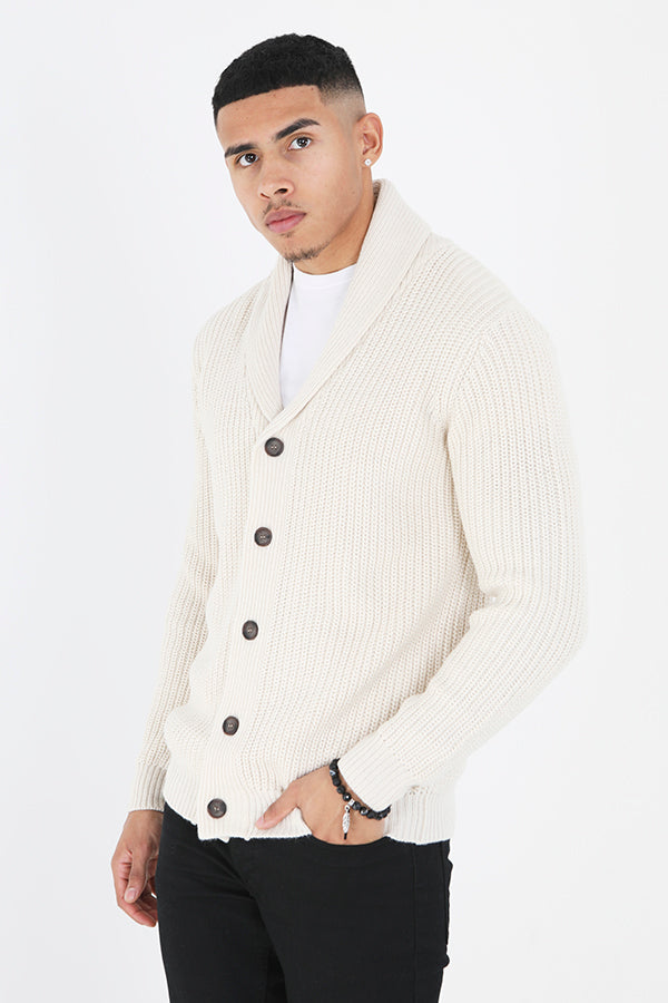 Shawl Neck Button Through Chunky Knit Cardigan