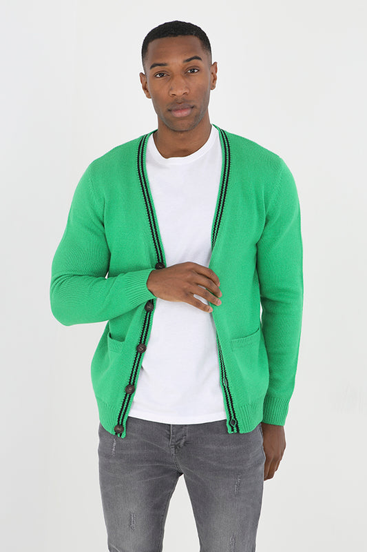 Green Contrast Trim V Neck Button Through Cardigan