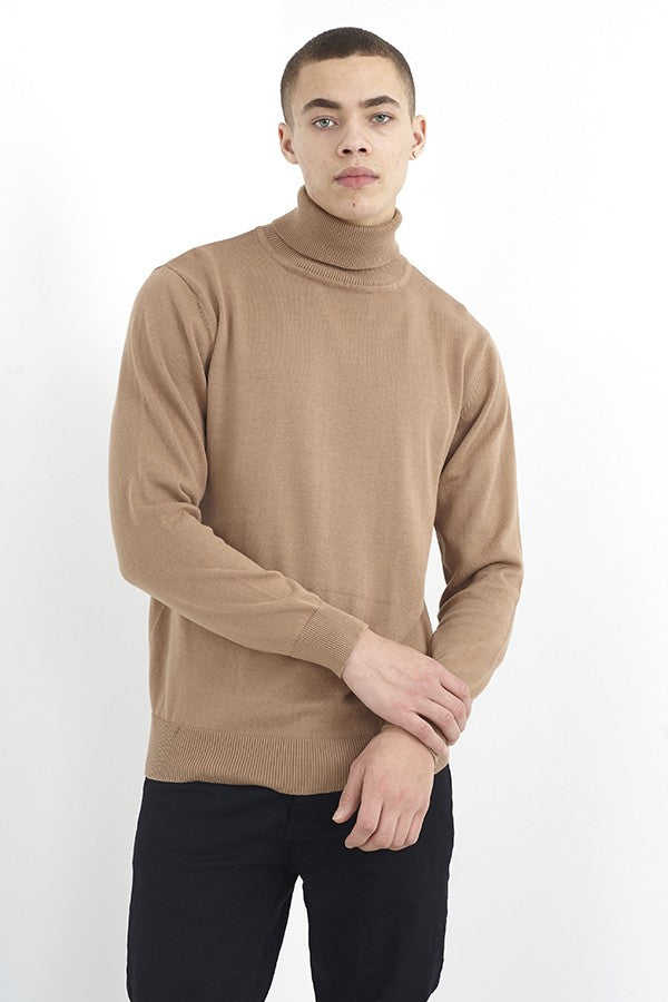 Beige Ribbed High Roll Neck Knitted Jumper