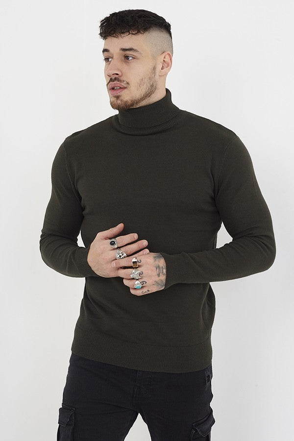 Khaki Ribbed High Roll Neck Knitted Jumper
