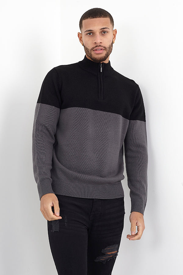 Concealed Zip Detail Colour Block Funnel Neck Jumper