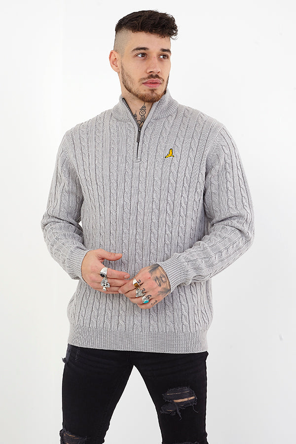 Quarter Zip Funnel Neck Cable Knitted Jumper
