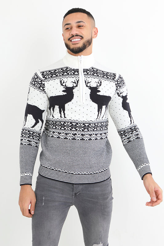 White/Navy Funnel Neck Fairisle Knit Jumper