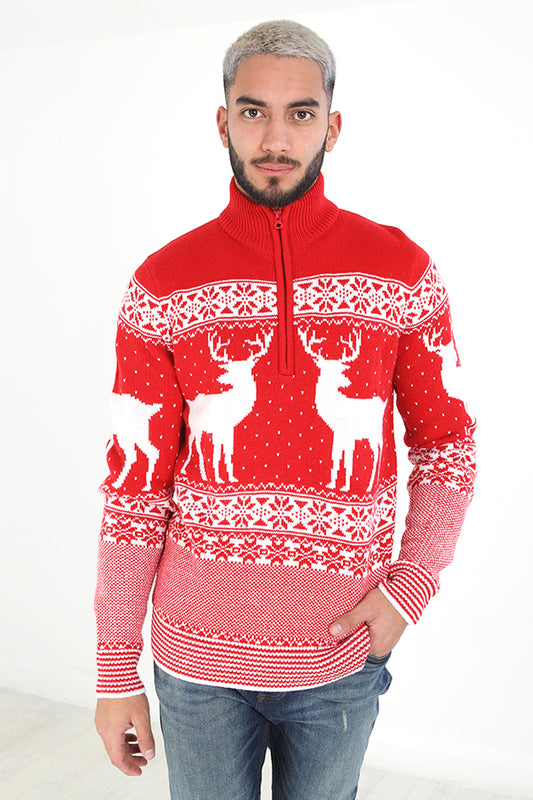 Red/White Funnel Neck Fairisle Knit Jumper
