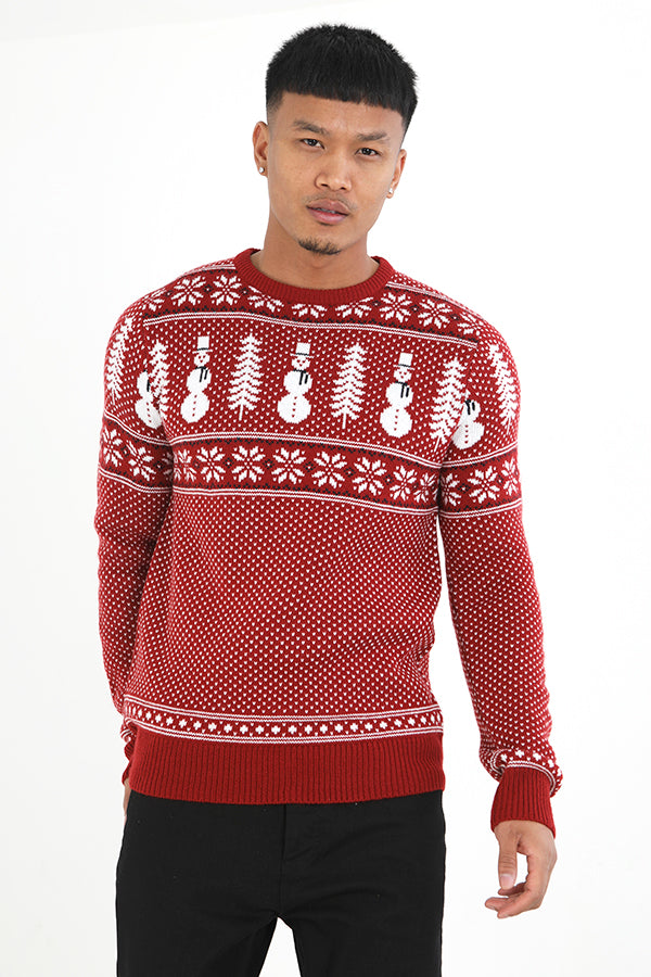 Red/White Snowman Tree Fairisle Knitted Jumper