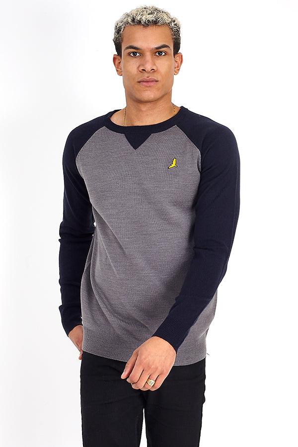 Contrast Sleeve Crew Neck Embroidered Jumper