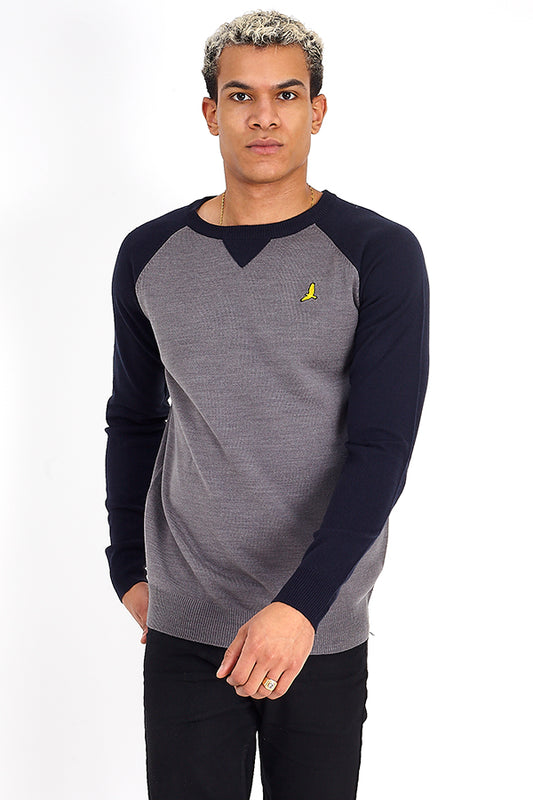 Contrast Sleeve Crew Neck Embroidered Jumper