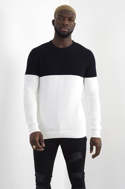 Navy And White Colour Block Crew Neck Knitted Jumper