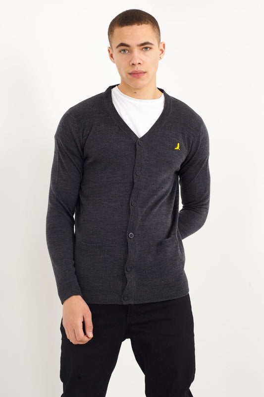 Plain Button Through Chest Emblem Knit Cardigan