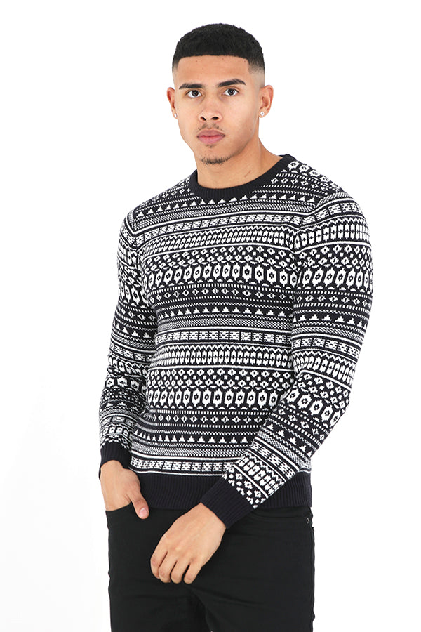 Jacquard Aztec Pattern Crew Neck Knitted Jumper