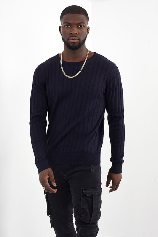 Vertical Ribbed Long Sleeve Crew Neck Knitted Top