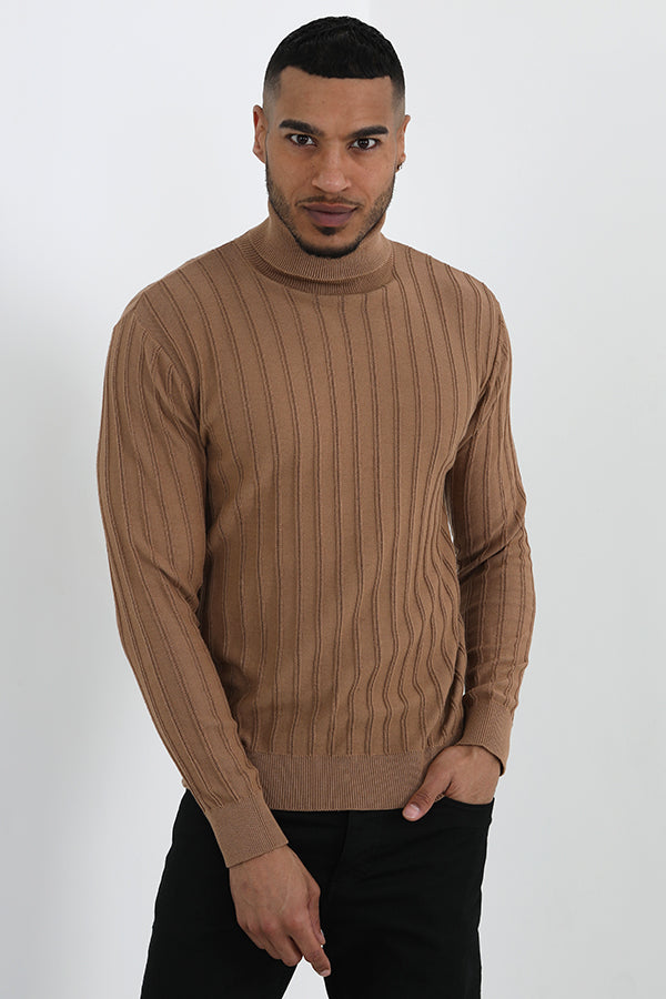 Wide Vertical Rib Knit Roll Neck Jumper