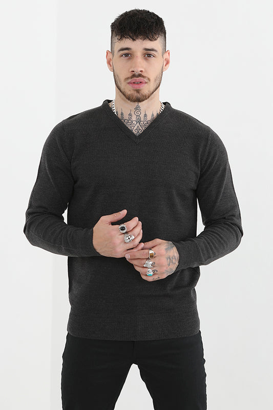 Plain V Neck Long Sleeve Knitted Jumper
