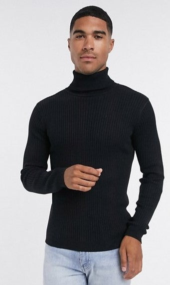 Knitted Roll Neck Jumper 12Gg 100% Cotton All Over Rib