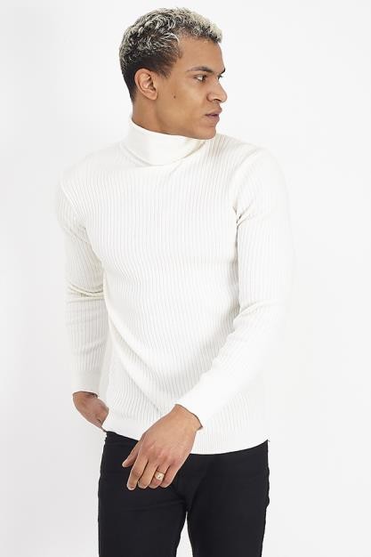 Ribbed White Cotton Roll Neck Jumper