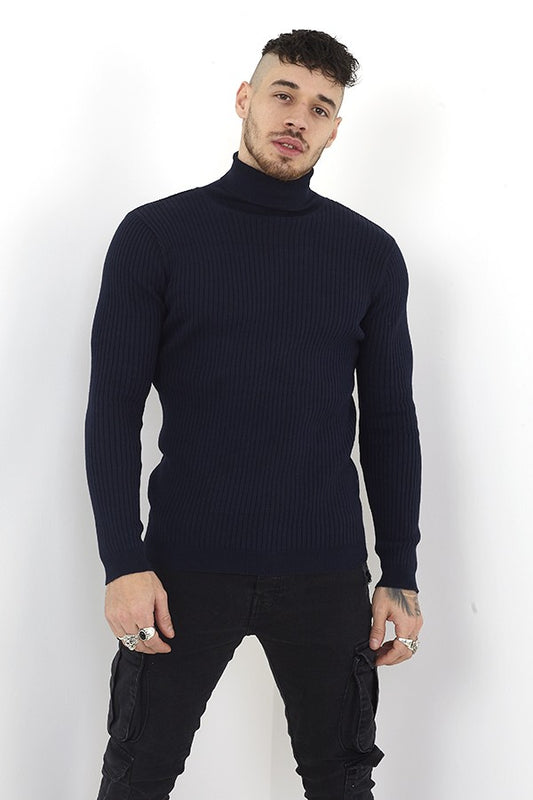 Ribbed Navy Cotton Roll Neck Jumper