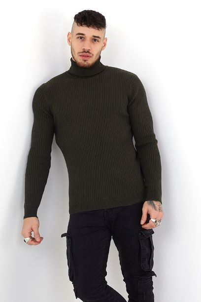 Ribbed Khaki Cotton Roll Neck Jumper