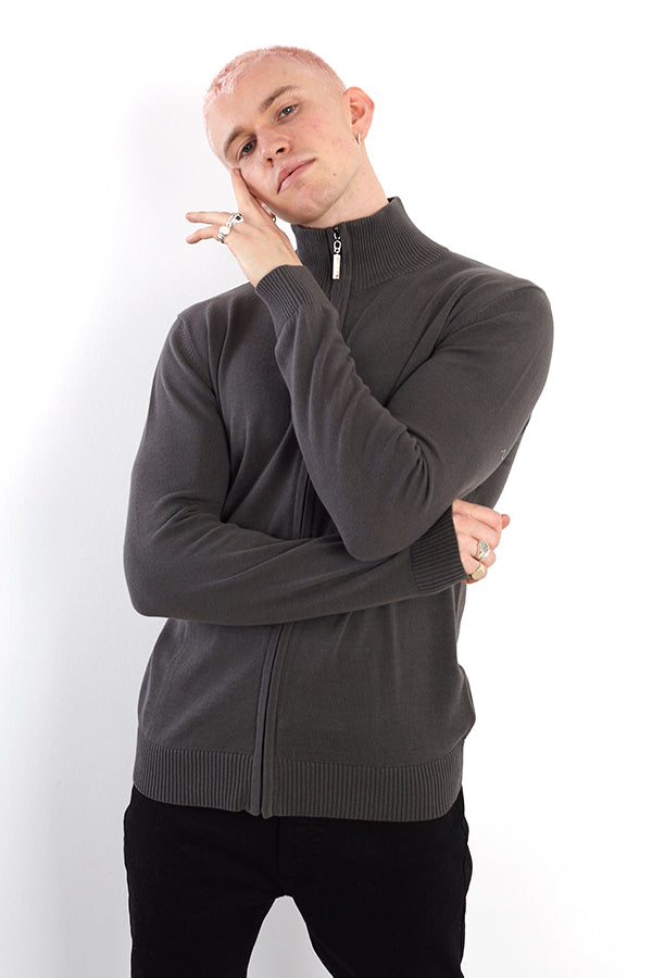 Ribbed Trim Funnel Neck Zip Up Jumper