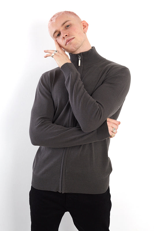 Ribbed Trim Funnel Neck Zip Up Jumper