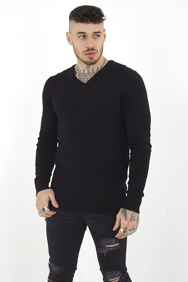 Plain Colour Muscle Fit V-Neck Jumper