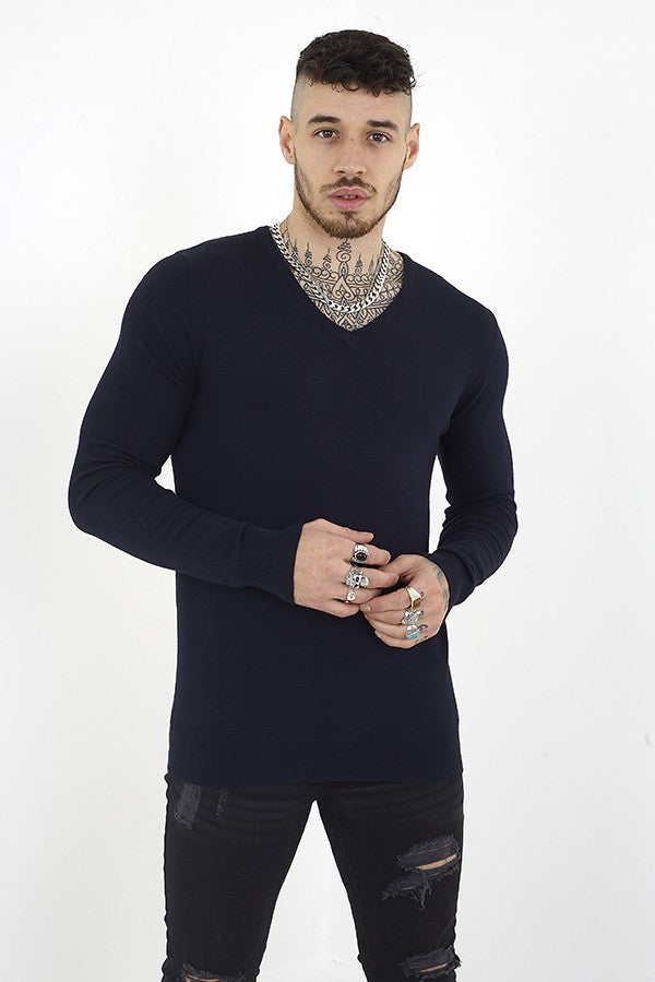 Muscle Fit Plain Colour V-Neck Jumper
