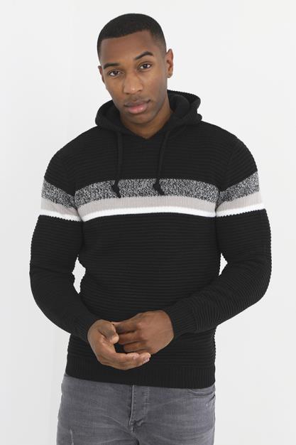 Jet Black Contrast Colour Panel Knitted Hoodie