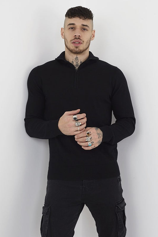 Black Zip Up Detail Funnel Neck Jumper