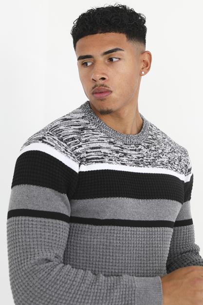 Grey Crew Neck Contrast Panel Waffle Knit Jumper