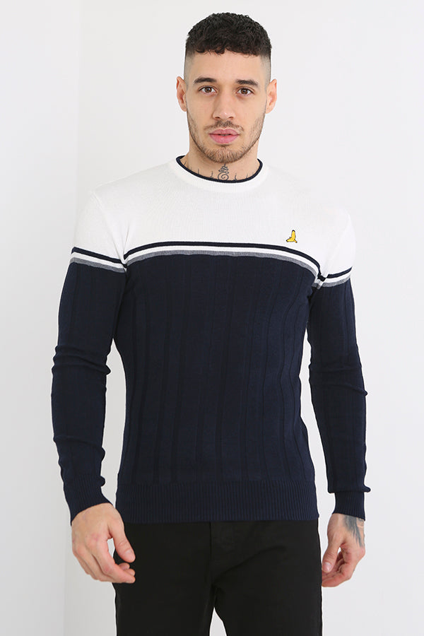 Navy Contrast Colour Embroidery Detail Knit Jumper