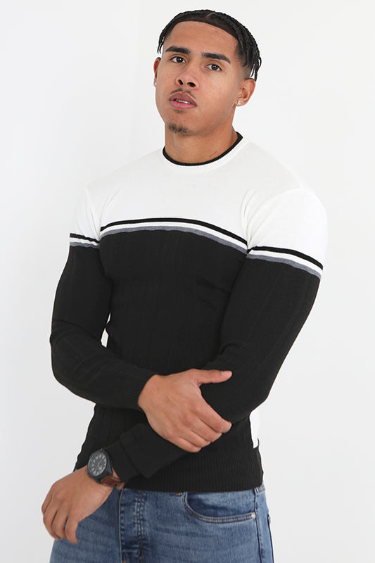 Crew Neck Striped Panel Detail Knit Jumper