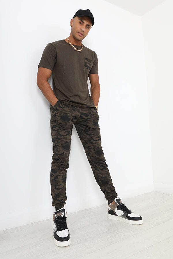 Khaki And Camouflage Print Cuff Bottom Loungewear Set