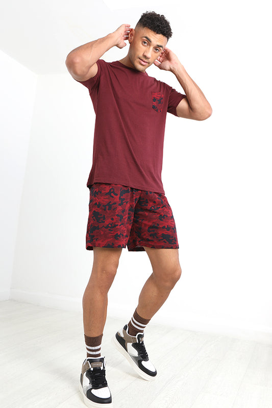 Burgundy Camouflage Print Short Loungewear Set