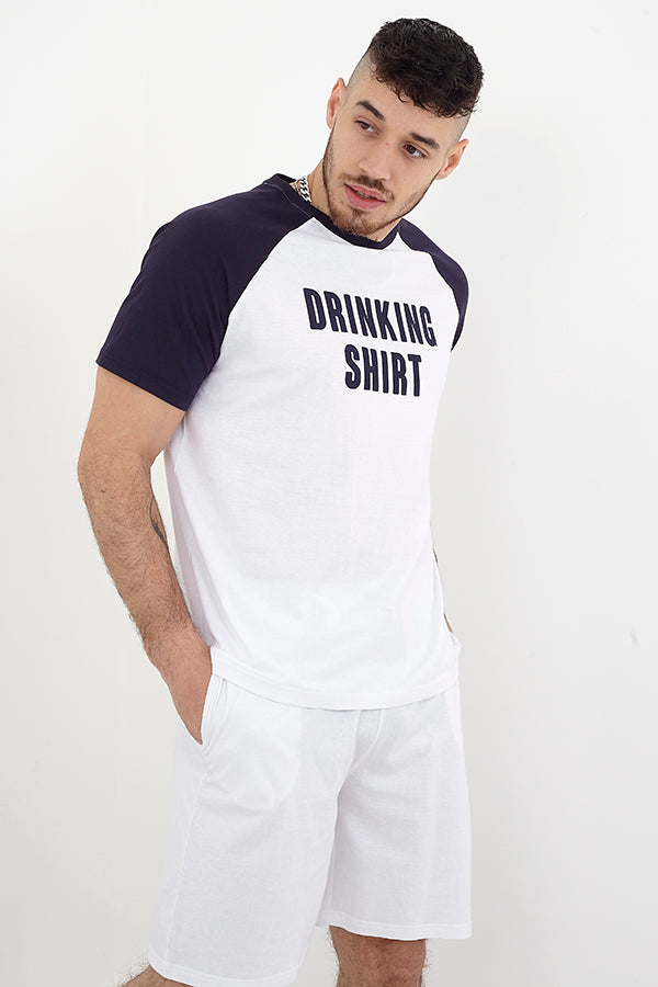 White And Navy Slogan Print Jersey Loungewear Set