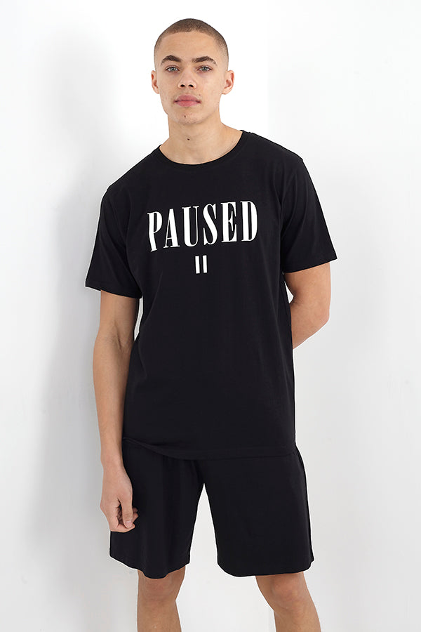 'Paused' Slogan Crew Neck T-Shirt And Shorts Lounge Set