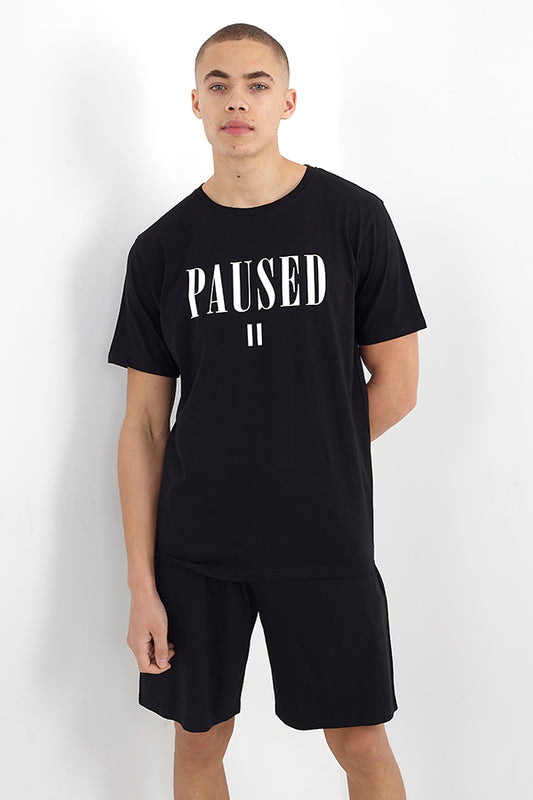 'Paused' Slogan Crew Neck T-Shirt And Shorts Lounge Set