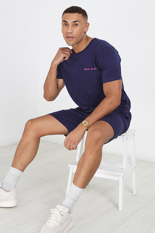 Navy Graphic Back Print Shorts And Tee Loungewear Set