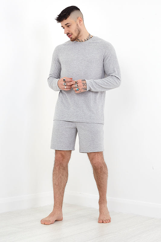 Grey Ribbed Long Sleeve T-Shirt And Shorts Lounge Set