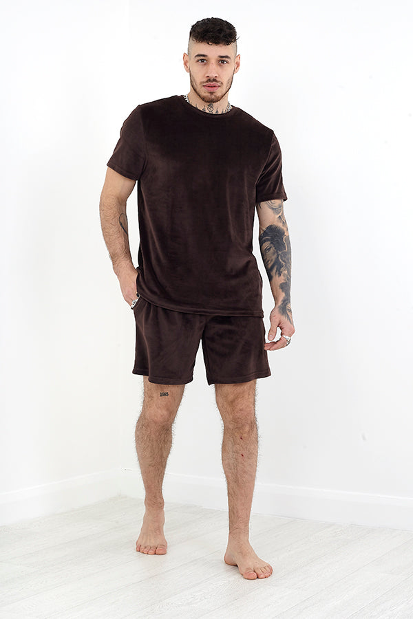 Chocolate Velour Crew T-Shirt And Shorts Lounge Set