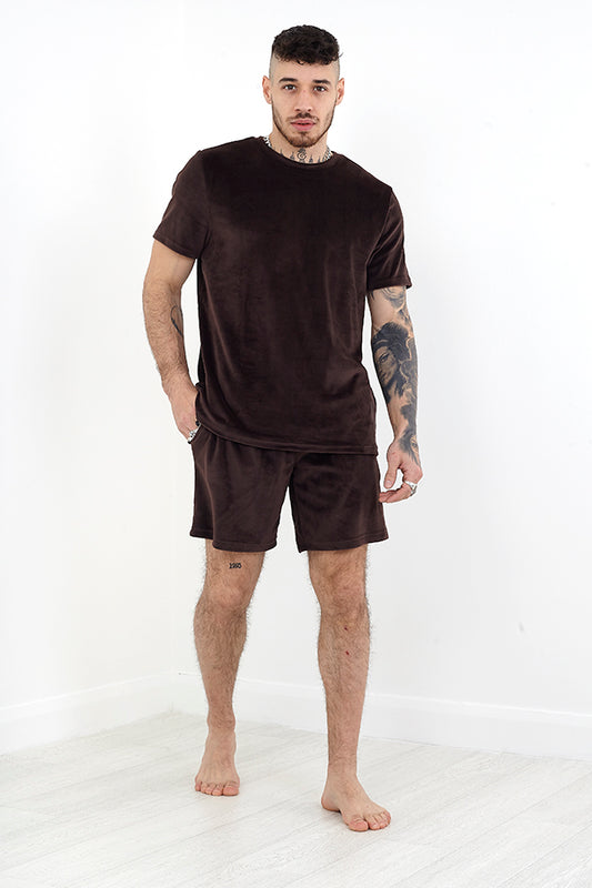 Chocolate Velour Crew T-Shirt And Shorts Lounge Set