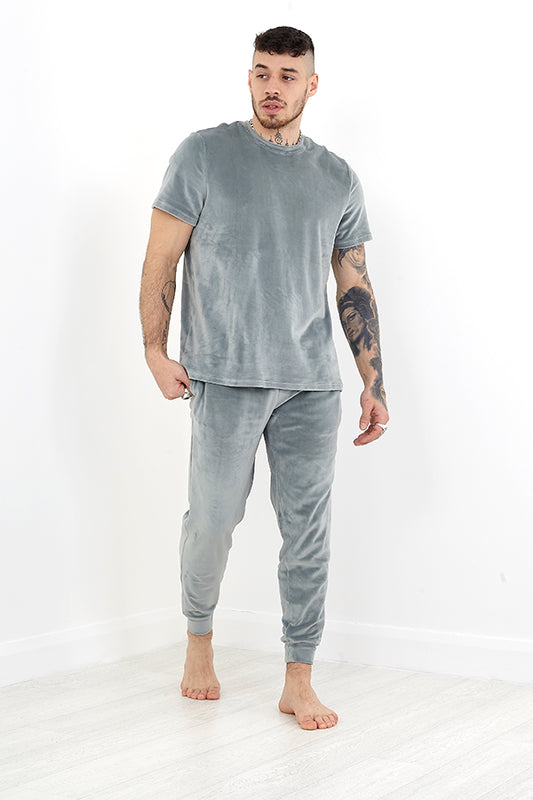 Blue-Grey Velour Crew T-Shirt And Trouser Lounge Set