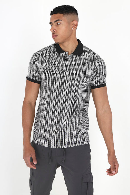 Black And White Zigzag Pattern Polo Shirt