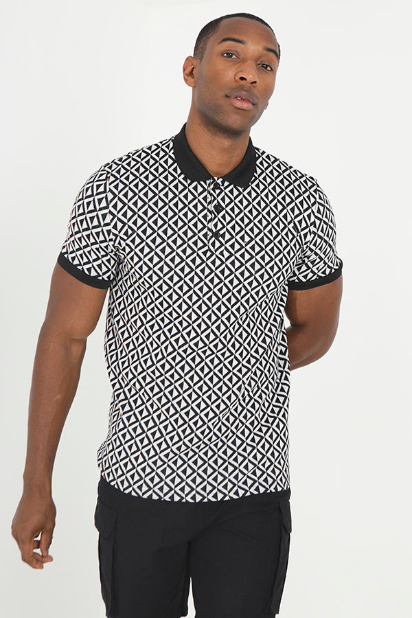 Contrast Geometric Pattern Short Sleeve Polo Shirt