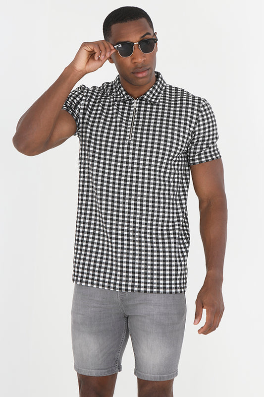 Metal Zip Jacquard Check Print Polo Shirt